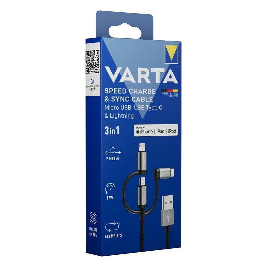 Varta 57937101111 - Kabel USB 3w1 z konektorem Lightning i Micro USB 2m