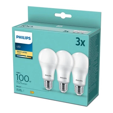 ZESTAW 3x LED Żarówka Philips A60 E27/13W/230V 2700K