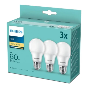 ZESTAW 3x LED Żarówka Philips A60 E27/8W/230V 2700K