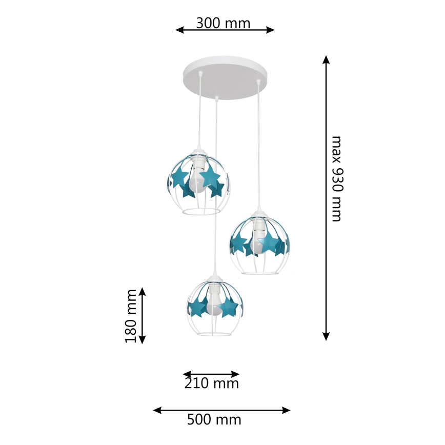 Żyrandol dziecięcy na lince STARS 3xE27/15W/230V turkusowy/biały